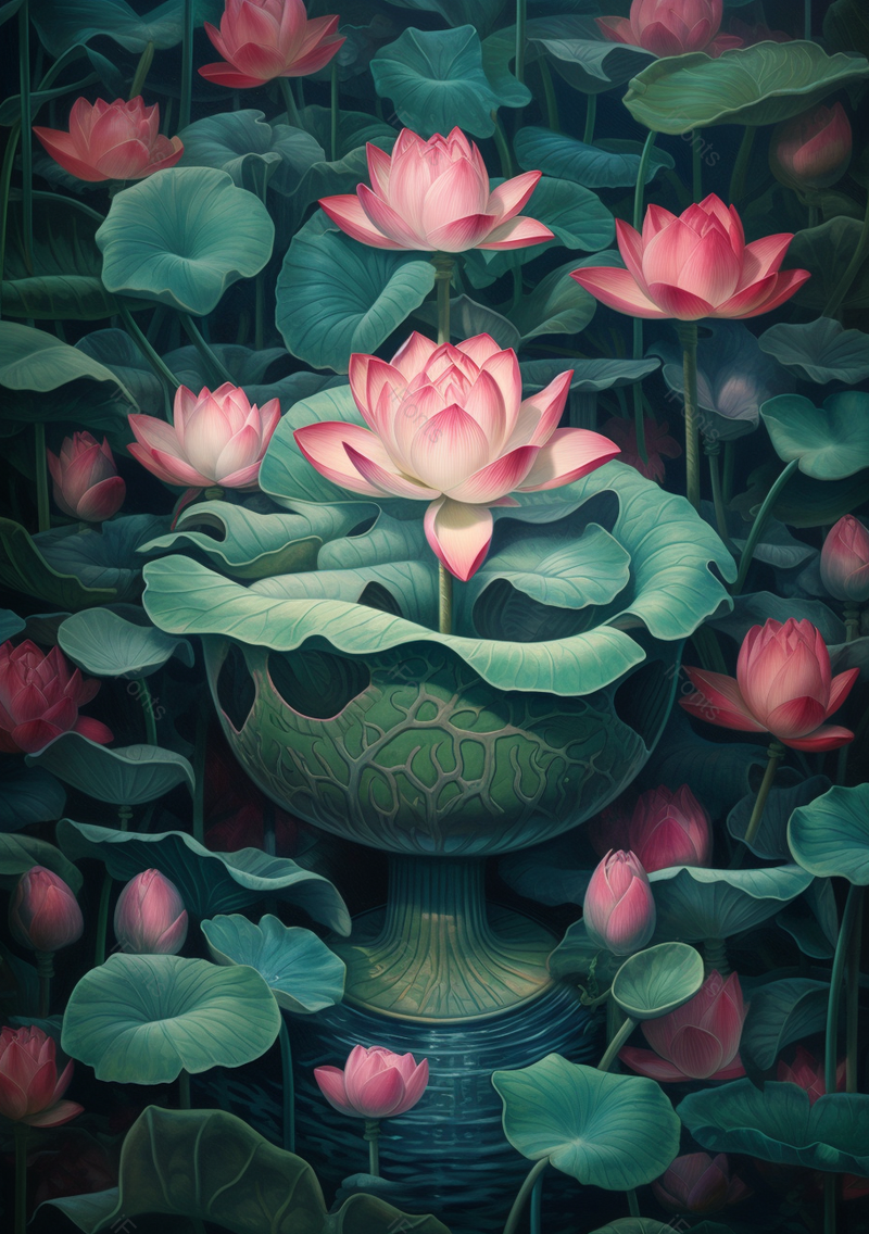 夏天绿色荷叶盆栽插画手绘风景画,插画/手绘图,插画/手绘图库,插画/手绘图下载,插画/手绘